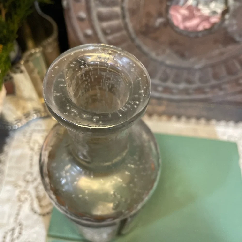 Vintage Pulegoso clear bubble Glass bottle Rustic metal French country cottage